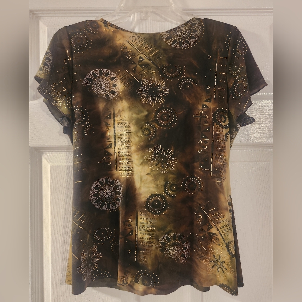 Dress Barn Short Sleeve Brown/Green Cowel Neck Gold Metallic Embellishmets PM - Picture 2 of 10